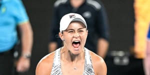Ash Barty celebrates after defeating Danielle Collins in the women’s singles final.
