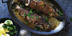Whole stuffed trout with mushrooms and brown butter.