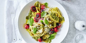 Pesto pappardelle with blistered cherry tomatoes. Styling by Hannah Meppem.
