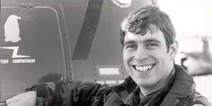 Prince Andrew serving as a helicopter pilot in the Royal Navy during the Falklands war in 1982.