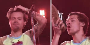 Harry Styles does a shoey at his Perth concert.