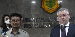 Federal Agriculture Minister Murray Watt with his Indonesian counterpart Syahrul Yasin Limpo during a joint press conference in Jakarta,Indonesia,last week.