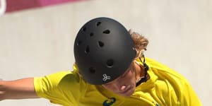Keegan Palmer competes in the men’s skateboarding park finals at the Tokyo Olympics. 