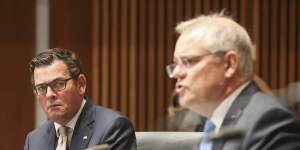 Premier of Victoria Daniel Andrews and Prime Minister Scott Morrison during a national cabinet press conference at Parliament House in Canberra on Friday 