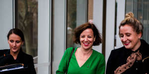 Jo Dyer,centre,outside court on Tuesday.