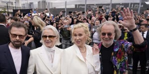 Members of ABBA,from left,Bjorn Ulvaeus,Anni-Frid Lyngstad,Agnetha Faltskog and Benny Andersson arrive for the ABBA Voyage concert in May last year. 