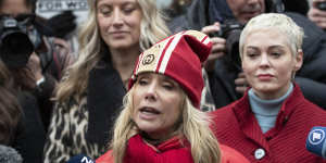 Actors Rosanna Arquette,front,and Rose McGowan spoke outside the Manhattan courthouse.
