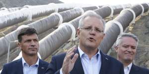 Minister for Energy Angus Taylor,the Prime Minister Scott Morrison and Minister for Finance and the Public Service Mathias Cormann at the Snowy Hydro Tumut 3 power station. Morrison has threatened to have the government-owned Snowy Hydro power company build a gas plant should private enterprise not step in and do it themselves.