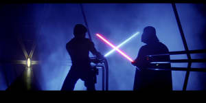 Film still from Star Wars Episode 6 - The Return of the Jedi. Luke Skywalker fights Darth Vader on the Death Star. Photo courtesy of Lucasfilm.
