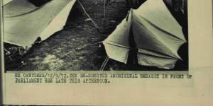 The tent embassy in 1972,re-erected in the afternoon after police tore it down in the morning.