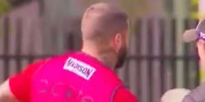 Adam Reynolds in a rehab bib at training on Monday. The pink bib signifies to teammates that he is a non-contact participant in training.