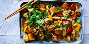 Chicken stir-fry with colourful capsicums and cashew nuts.
