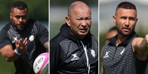Samu Kerevi,Eddie Jones and Quade Cooper training with the Barbarians in London.