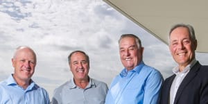CEP Energy chairman Morris Iemma on the roof of Narellan Town Centre in south-west Sydney with the centre's manager Brad Page,and owners,Arnold Vitocco and Tony Perich.