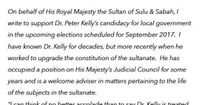 Peter Kelly's endorsement from Prince Omar Kiram,cousin of the Sultan of the self-styled Sultanate of Sulu and Sabah.