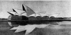 Joern Utzon’s winning design for a National Opera House at Bennelong Point published on the front page of The Sydney Morning Herald,January 30,1957.