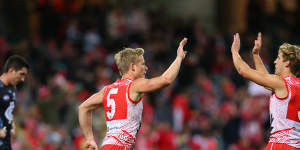 Isaac Heeney celebrates scoring as the Swans finished strongly.