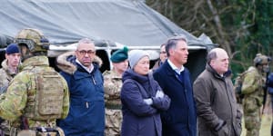 Australia’s Deputy Prime Minister and Defence Minister Richard Marles and UK Defence Secretary Ben Wallace watching a drill training Ukrainian military recruits in southern England on Wednesday,1 February,2023.
