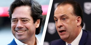 AFL boss Gillon McLachlan and NRL boss Peter V’landys. Their codes will team up with others to support an Indigenous Voice to parliament.