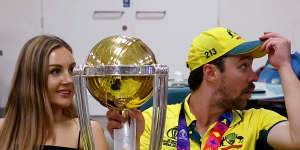 Travis Head and wife Jessica after the win over India.
