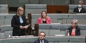 Independent MP Zali Steggall speaking on the Climate Change Bill last November. Also pictured,clockwise from centre:Rebekha Sharkie,Helen Haines and Greens leader Adam Bandt.