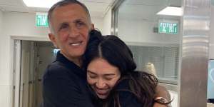 Yaakov Argamani embraces his daughter,Noa Argamani,after her release from captivity. 