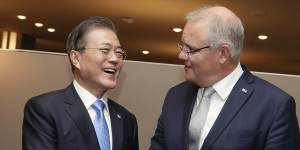 Prime Minister Scott Morrison meets with President of South Korea Moon Jae-in on Monday.