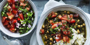 Neil Perry's chickpea and green lentil curry with spinach and salsa.