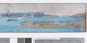 Detail from Panoramic view of Sydney Harbour and the city skyline,1894 by Arthur Streeton,which was bought in 2019 for $425,000.