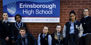 Neighbours:Erinsborough High cast,from left,Olivia Lane (Grace O'Sullivan),Jeremiah (Darius Amarfio-Jefferson),Hendrix (Ben Turland),Harlow (Jemma Donovan),Mackenzie (Georgie Stone),Yashvi (Olivia Junkeer) Ritchie (Lachlan Millar).
