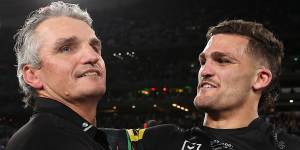 Ivan and Nathan Cleary celebrate a second straight NRL title last year.