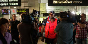 Chris Gayle faces the media at Melbourne's Tullamarine Airport.