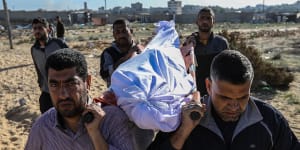 Relatives and friends attend the funeral of Muhammad Abdullah Hasaballah,22,killed by air strikes in Khan Yunis,Gaza.