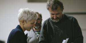 Rebecca Bower,John Leary (obscured) and Francis Greenslade in rehearsal for The Platypus.