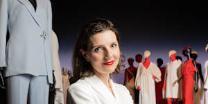 Politician Allegra Spender,federal member for Wentworth,stands by her Carla Zampatti jacket,which she wore on the campaign trail,at an exhibition devoted to her late mother’s designs at the Powerhouse.