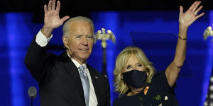 President-elect Joe Biden with his wife Jill Biden waving to supporters in Wilmington,Delaware.