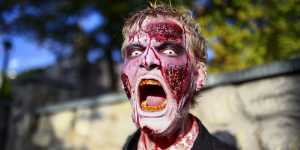 A man dressed as a zombie poses before a so-called"Monster Casting"session for the Filmpark Babelsberg theme park in Potsdam.