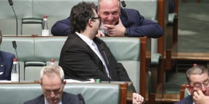 Barnaby Joyce chats to Nationals colleague George Christensen during question time earlier this year.