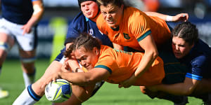 Ashley Marsters of Australia scores a try against Scotland at last year’s World Cup.