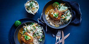 Crumbed pork cutlets with Japanese curry sauce,rice and kohlrabi,kimchi and coriander slaw.