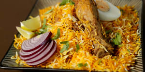 The signature biryani is slow-cooked for 90 minutes (chicken pictured,also available with goat,lamb or as a vegan version).