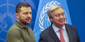 Ukraine President Volodymyr Zelensky,left,meets with United Nations Secretary-General Antonio Guterres,at the UN headquarters on Tuesday. 