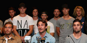 The next step:Jobe Watson and some members of the Essendon 34 last October.