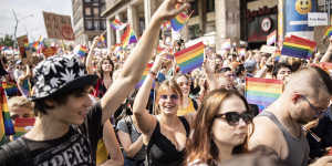 Demonstrators march during Budapest’s 2021 Pride Festival.