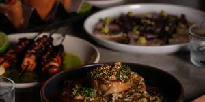 Miso potato with spiced gravy,prawns and chives at Gwylo.