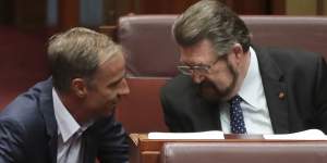 Greens senator Nick McKim discusses the bill with Derryn Hinch on Wednesday.