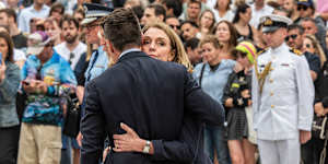 NSW Opposition Leader Kellie Sloane with Premier Chris Minns at a vigil after the Bondi massacre.