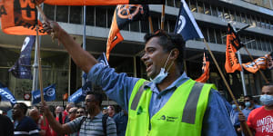 Bus drivers protest over pay and working conditions at a rally in Martin Place on Monday.