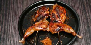 Grilled quail skewer,plum sauce,spiced salt.