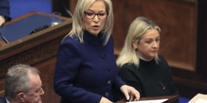 Sinn Féin vice-president Michelle O’Neill speaks after being appointed Northern Ireland’s First Minister,during proceedings of the Northern Ireland Assembly,in Belfast,on Saturday. 